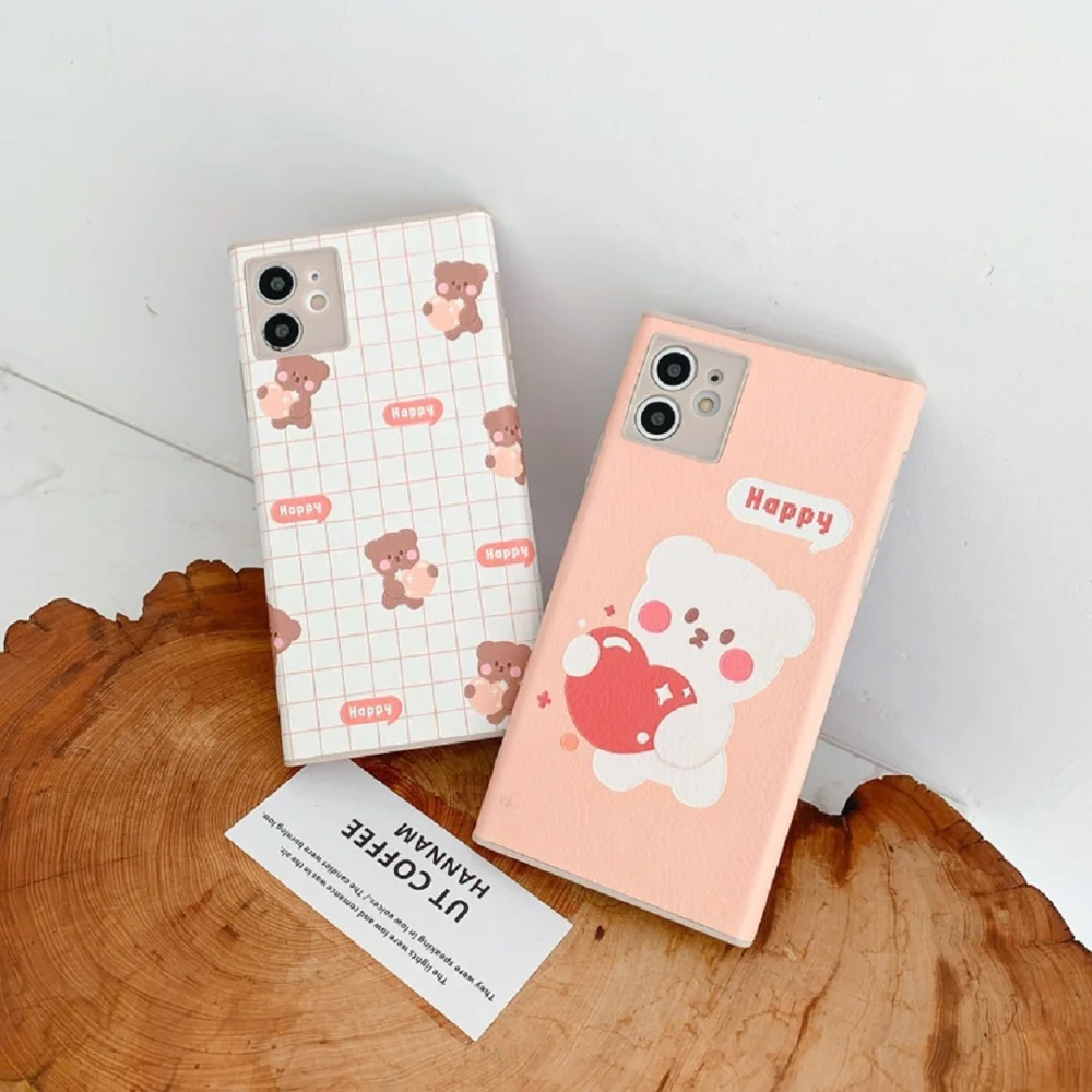 

Square Cute Bear For Apple iPhone 12pro Max mini Case Leather Mobile Phone protective Cover For iPhone 11 pro Max XS XR 7 8Plus