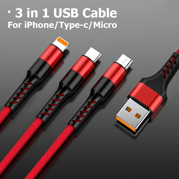 3 in 1 Usb Cable Type C 8 Pin Micro Mobile Phone Cables For Huawei Mate 30 iPhone 11 X Xs 8 7 6 Samsung S9 S8 Fast Charging Cord - Цвет: Красный