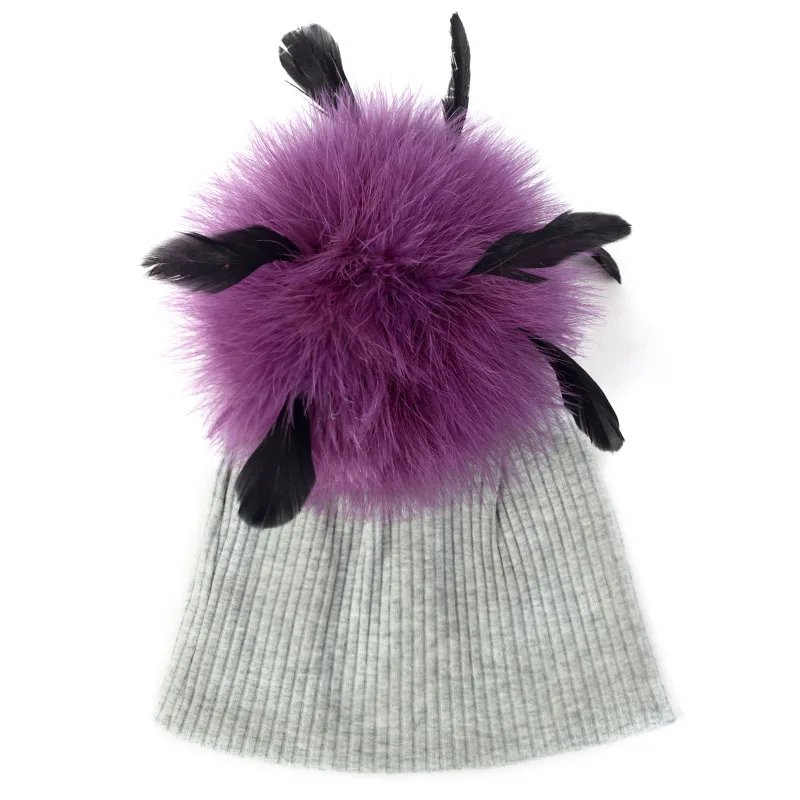 light gray purple Осенняя и зимняя шапка для младенца дети ребристый галстук краситель шапка прочный мягкий хлопок для маленьких мальчиков шапка для девочки страусиное меховое шапки с помпонами - Цвет: light gray purple