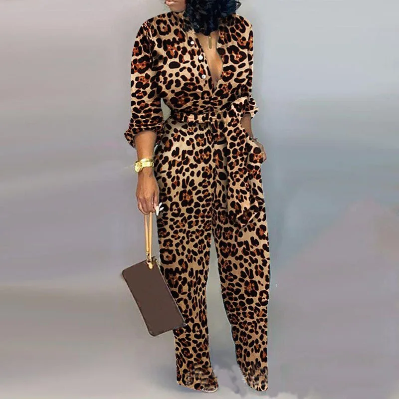 Sexy Leopard Print Jumpsuit Deep V Neck Women Long Sleeve Sashes Romper Turn Down Collar Overalls Pencil Pants Outfits 2019