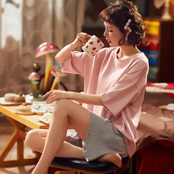 

Pink Casual WOMEN Sleep Set Nightwear Intimate Lingerie Cotton Novelty Pajamas Suit Home Clothing Summer NEW Sleepwear Pyjamas