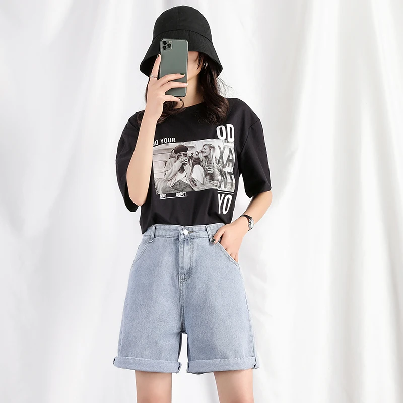 2021 New Summer Women Bule Denim Shorts Wide Leg Jeans High Waist Loose Fit Stright Casual Female Solid Color | Женская одежда