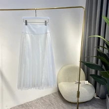 

2021 New Autumn Hot Sale Women Fashion Polka Dots Flocking Zipper High Waist Solid White Mesh Skrits