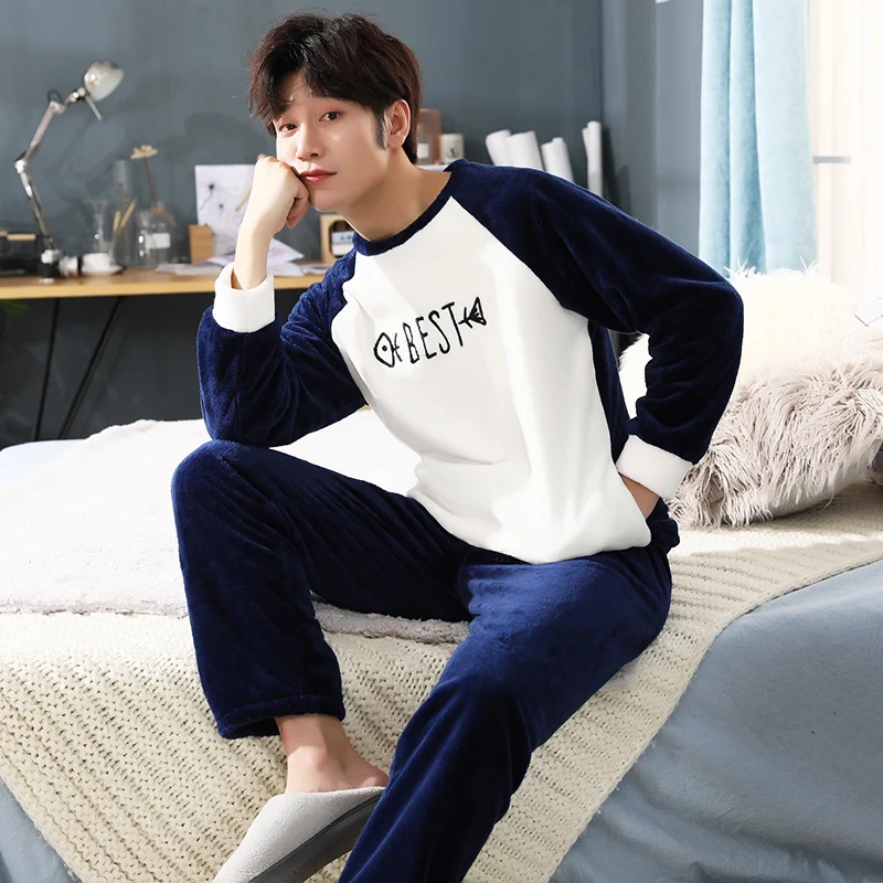 Plus size 3XL 4XL 5XL men pajamas Winter Flannel Pajama Set Coral fleece Thicken casual Homewear warm sleepwear Boys pijama set - Color: R YEX 22214