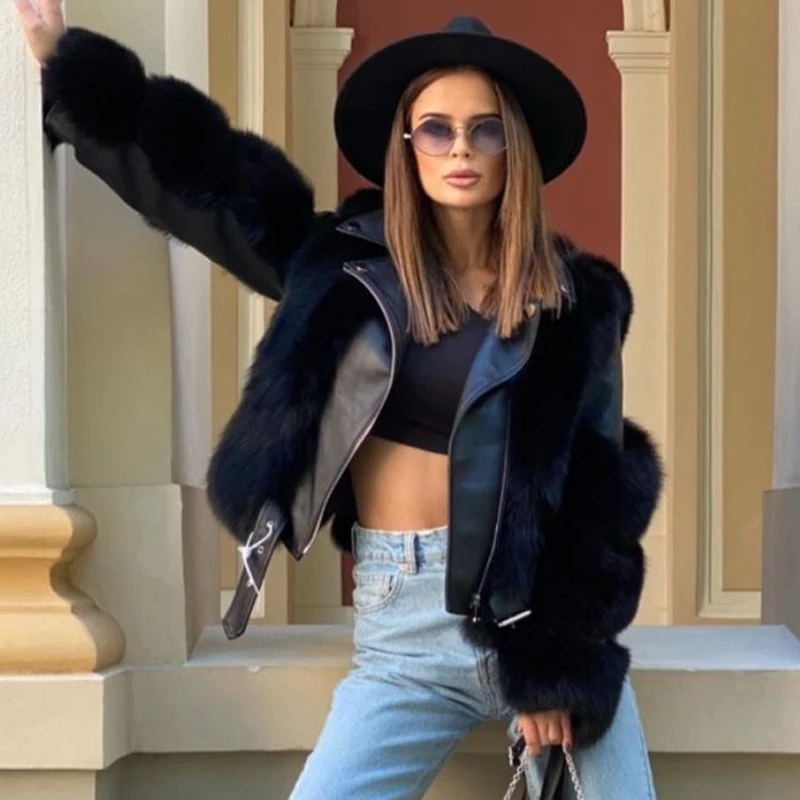 2022 New Real Fox Fur Jackets With Genuine Sheep Leather Fashion Overcoat Locomotive style Natural Fox Fur Coats Luxury Outwear