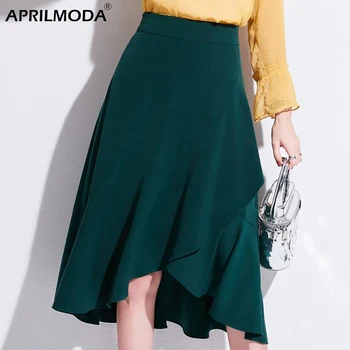 

High Waist Flounce Beach Women Skirts Solid Black Green Feminino Summer Skirts Ruffles Asymmetrical Elegant Casual Midi Skirt