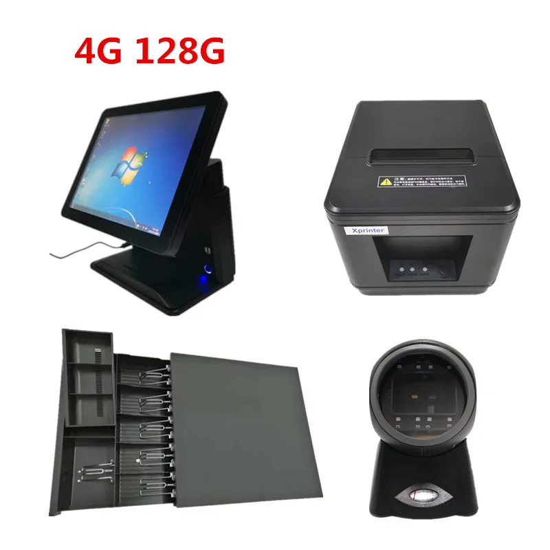 black 4G 128G Pos-терминал 1" сенсорная панель кассовый аппарат и кассовый ящик 80 мм Термопринтер автоматический резак и сканер штрих-кода - Цвет: black 4G 128G