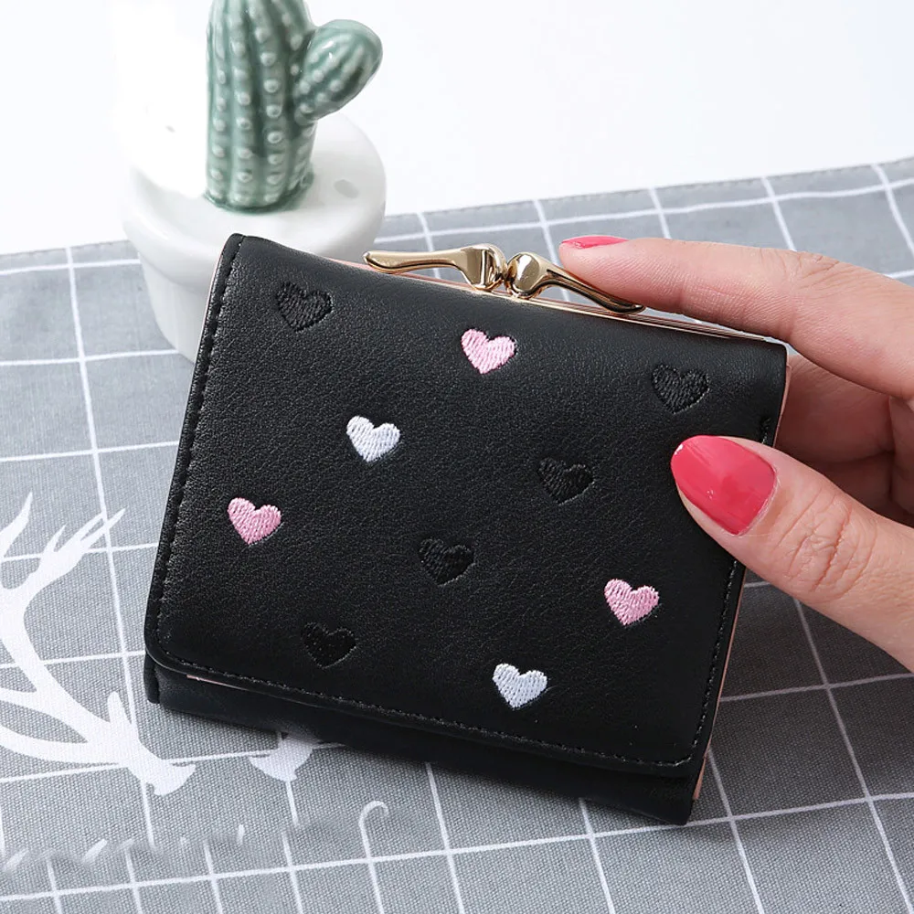 

Japanese Multi-function Women's Mini Wallet Candy Color Heart-shaped Embroidery Women Short Wallet Cute Coin Purse Card Package