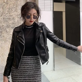 

Autumn Short Faux PU leather jacket Women's Chic Big lapel Washed Leather motorcycle jacket High waist Casual Streetwear Female