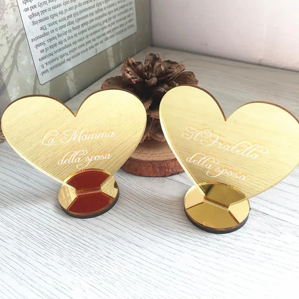

6cm Heart Shape Place Name Card Custom Mirror Acrylic Seat Card Elegant Wedding Decoration