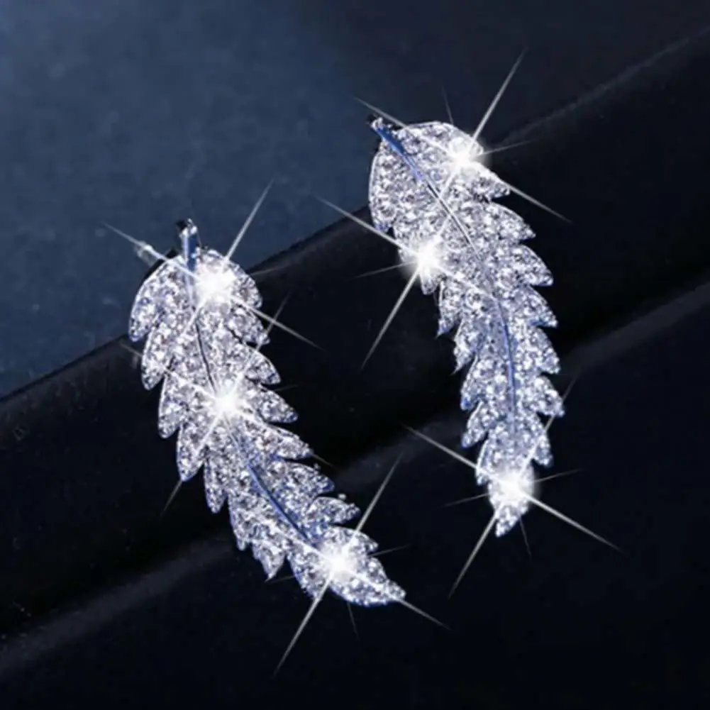

Fashion Statements Stud Earrings For Women Delicate Rhinestone Feather & Leaf Shape Cuff Ear Rings Silver Gold Crystal Sparkling
