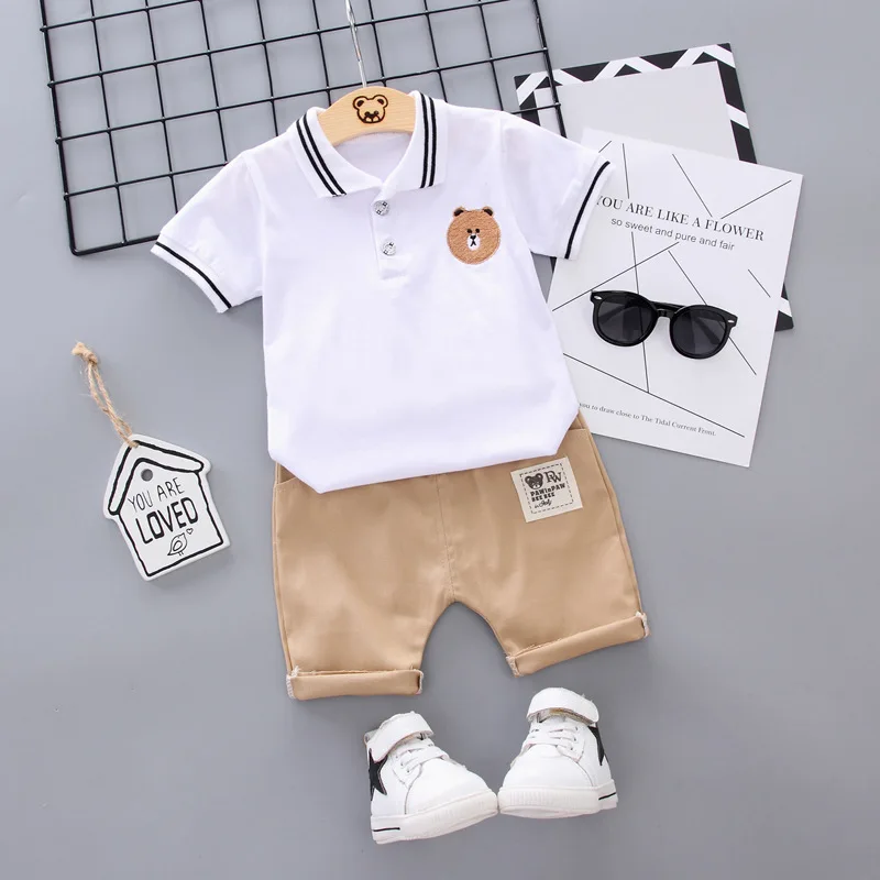 Y428 boy Summer suits baby lapel embroidered bear collar shirt two-piece suit infant child summer short-sleeved clothes