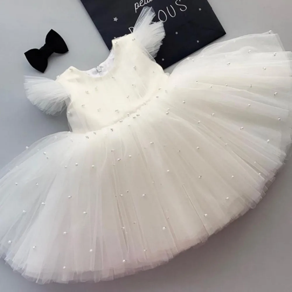 

Flower Girl Dress Lace Pearls With Bow Princess Birthday Wedding Evening Party Kids Dresses Cute Communion Gown Prom