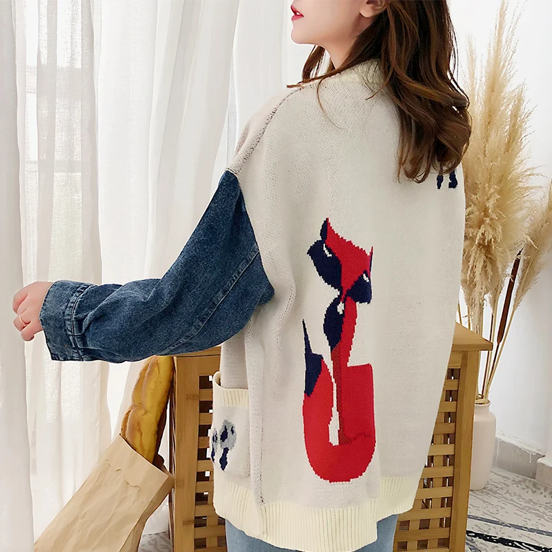 Neploe Women Sweater Cardigans Autumn Winter Korean Demin Patchwork Knit Coat Jacket Cartoon Embroidery Knitwear Coat 55334