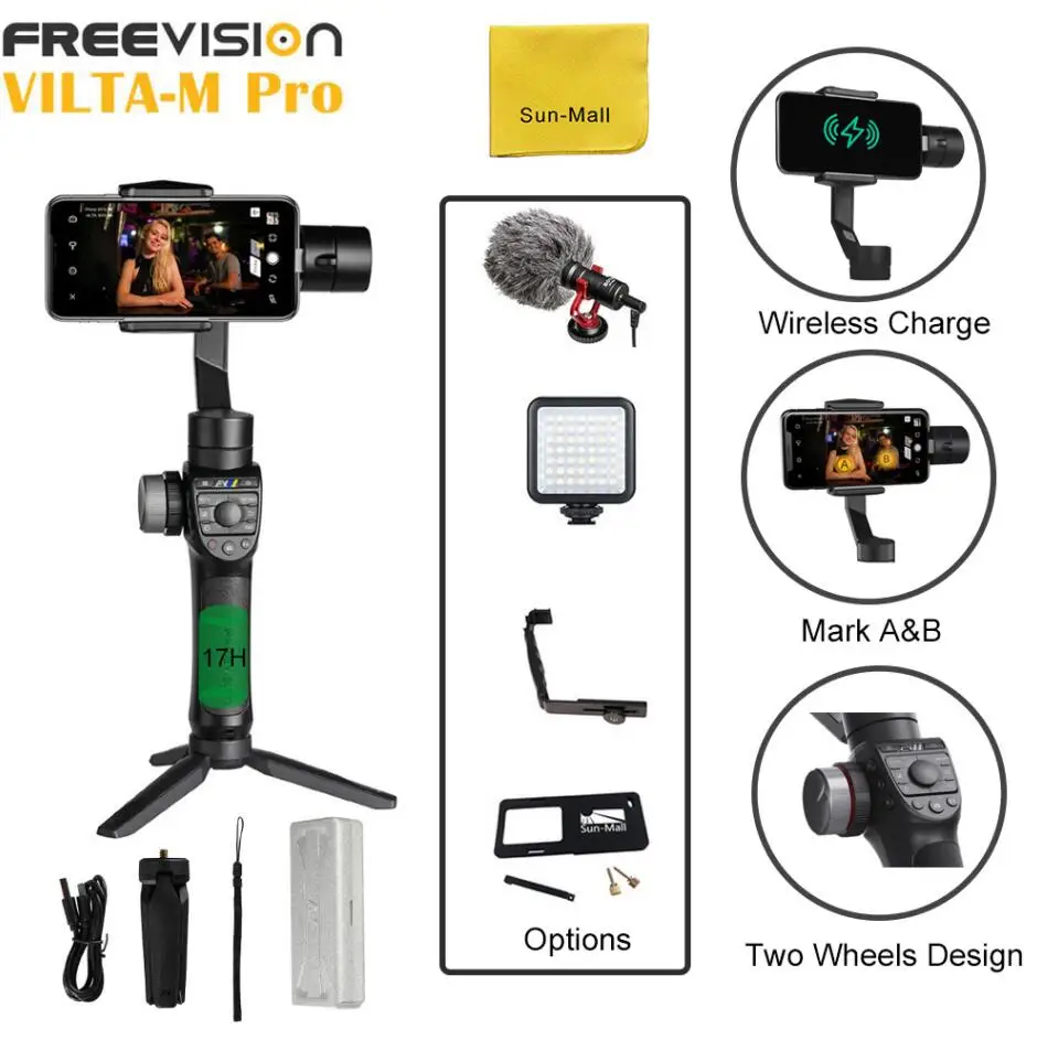 Freevision VILTA M Pro 3-осевой портативный монопод с шарнирным замком для смартфонов iPhone X Xs Max XR 8 плюс samsung Galaxy Note 8 S7 S8 S9 S9+ Plus - Цвет: Plus Microphone Set