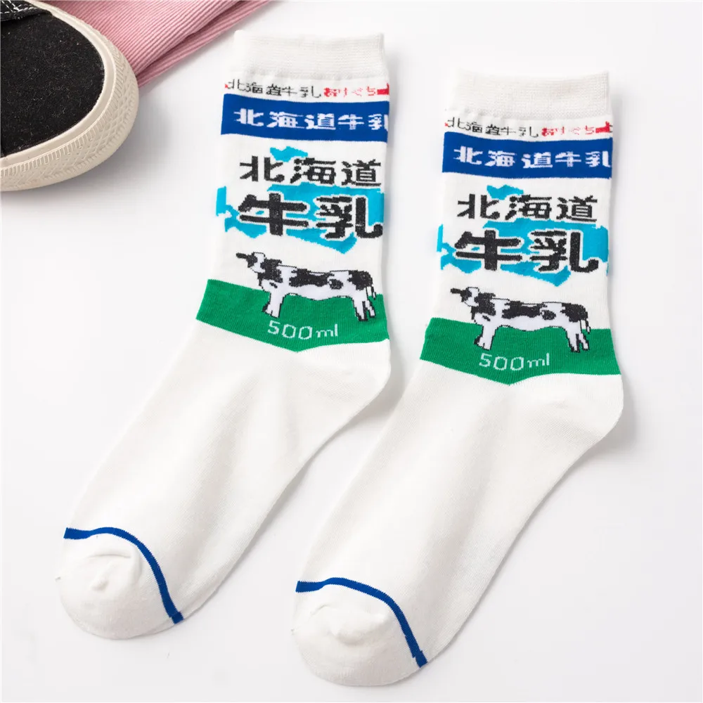 Milk INS для девочек, японский мультфильм фрукты кофе помидор клубника молоко холодное пиво с круглым harajuku Скейтборд носки-трубы средней высоты - Цвет: Milk