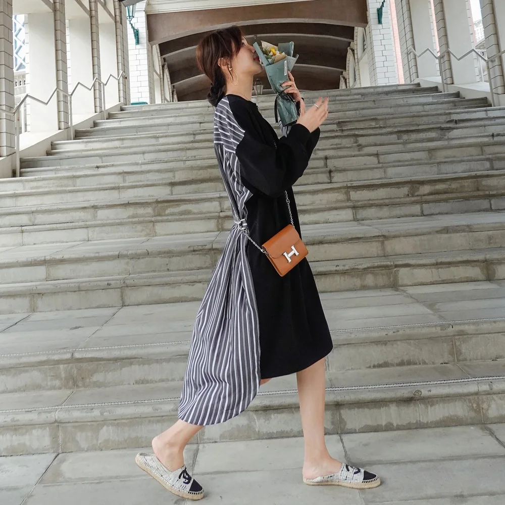 

Photo Shoot Fashionable Irregular Contrast Color Hoodie Dress 2020 Spring New Style WOMEN'S Dress Retro Laziness-Style Striped D