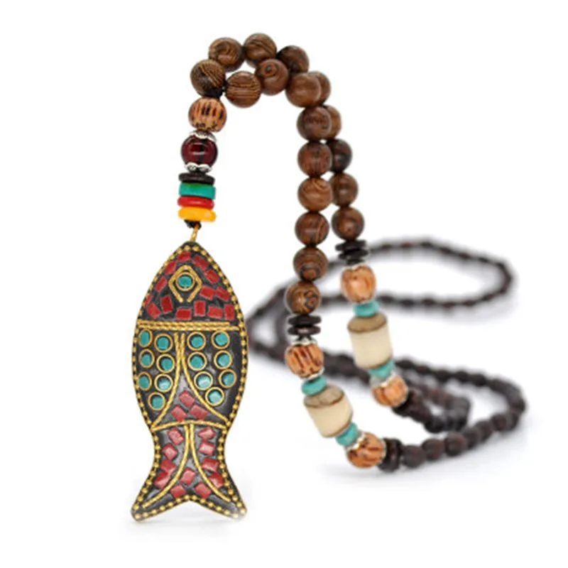 Best Handmade Nepal Necklace Buddhist Mala Wood Beads Pendant amp; Necklace Ethnic Horn Fish Long Statement Jewelry Women Men