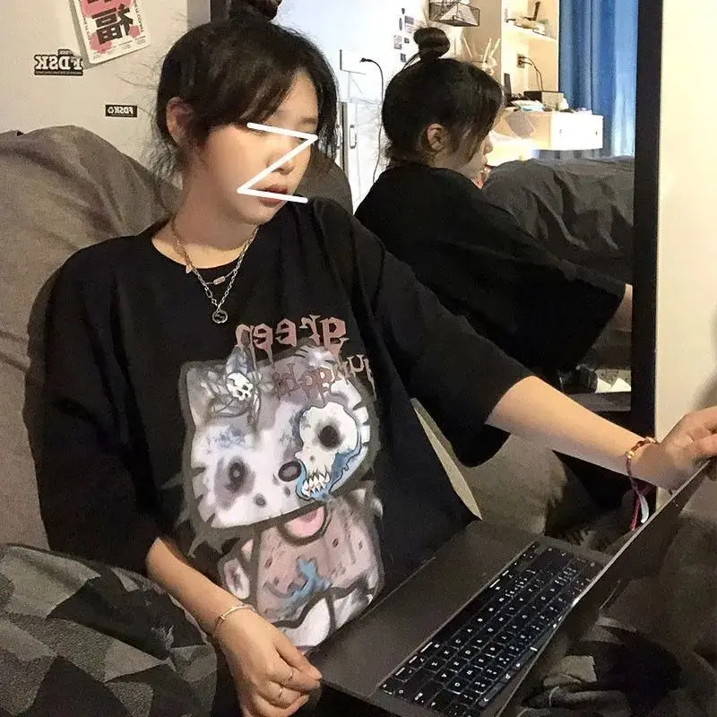 Skeleton Gothic Tops Emo Anime T-Shirt Oversized Streetwear Harajuku Fairy Grunge Graphic Tee Helloween Egirl Alt Clothes 2021