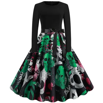 

Bloody Skull Print Robe Halloween Long Sleeve Autumn Dress 2019 Fashion O-neck Vintage Pin up Dress Gothic Party Winter Dresses