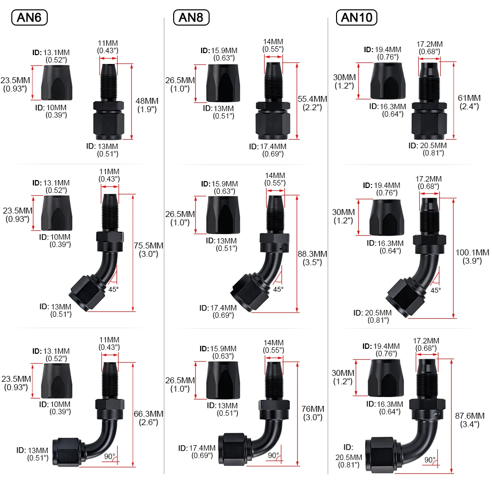 2ks AN4 AN6 AN8 AN10 přímo 45 90 180 stupňů mazat palivo otočný hadicové konec šroubení mazat hadicové konec adaptor souprava