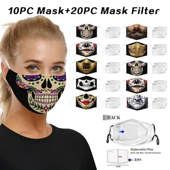 

10pc Halloween Printed Windproof Foggy Haze Mask With Gasket Face Mask Filter Mouth Caps Washable Mouth Mask Cloth masques
