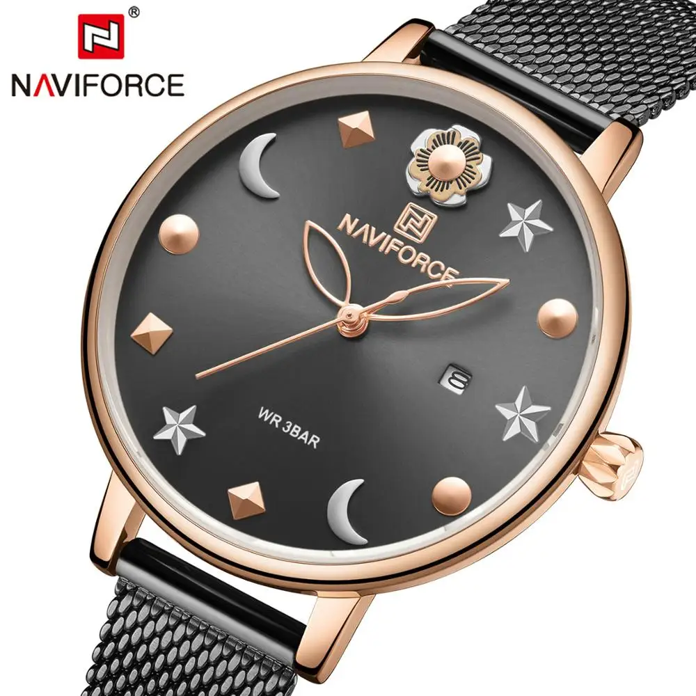 NAVIFORCE, простые модные черные кварцевые часы для женщин, браслет из нержавеющей стали с сеткой, водонепроницаемые повседневные Элегантные женские наручные часы