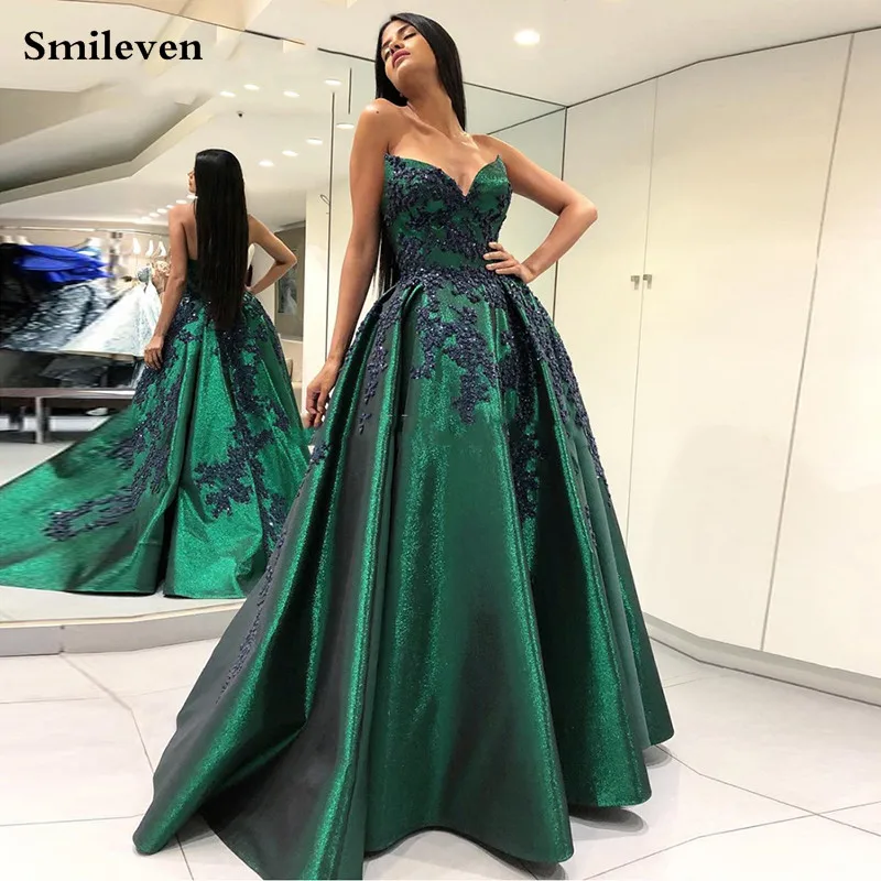

Smileven Hunter Green Sequins Formal Evening Dresses Lace Applique Beaded Formal Party Dresses Mermaid robe de soiree