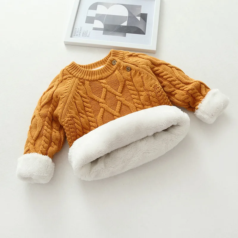 Однотонные зимние плотные трикотажные рубашки с круглым вырезом и плюшевой подкладкой для маленьких мальчиков и девочек однотонный теплый свитер для детей от 0 до 5 лет - Цвет: brown