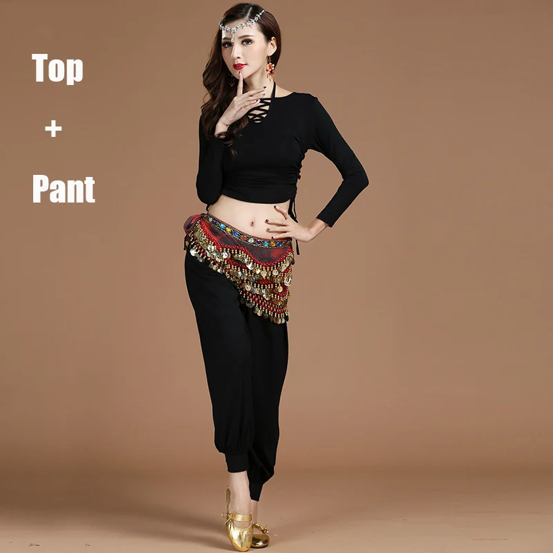 Black 2pcs Новые Топы с длинными рукавами для танца живота, одежда для тренировок, зимние брюки-шаровары для восточных танцев, Индийская Йога, костюм для танца живота BL2368 - Цвет: Black 2pcs