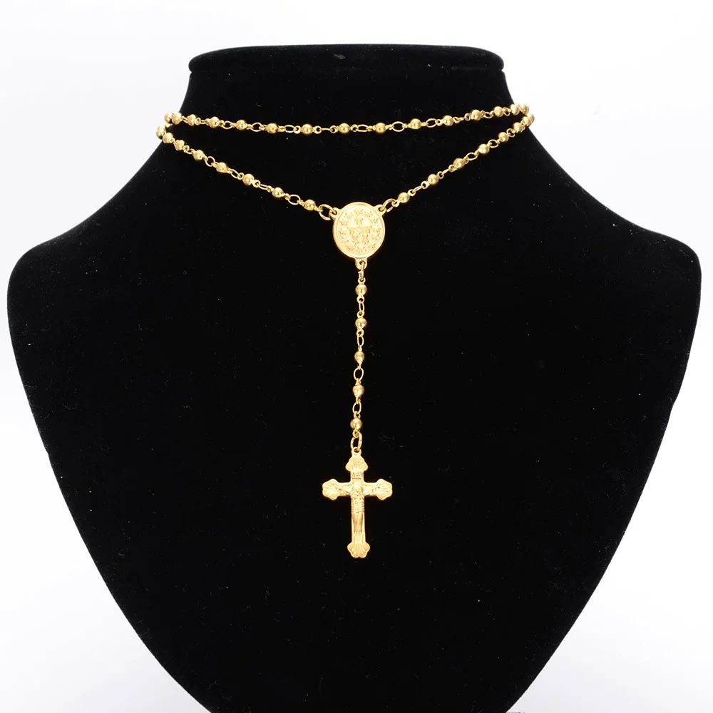 

Granny Chic 4/6/8mm Mens Womens Chain Gold Stainless Steel Bead Chain Rosary Jesus Christ Cross Pendant Long Necklace