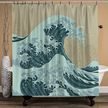 

Space Artistic Japanese Bath Curtain The Great Wave Off Kanagawa by Hokusai Mount Fuji Bathroom Curtain Waterproof Fabric Shower