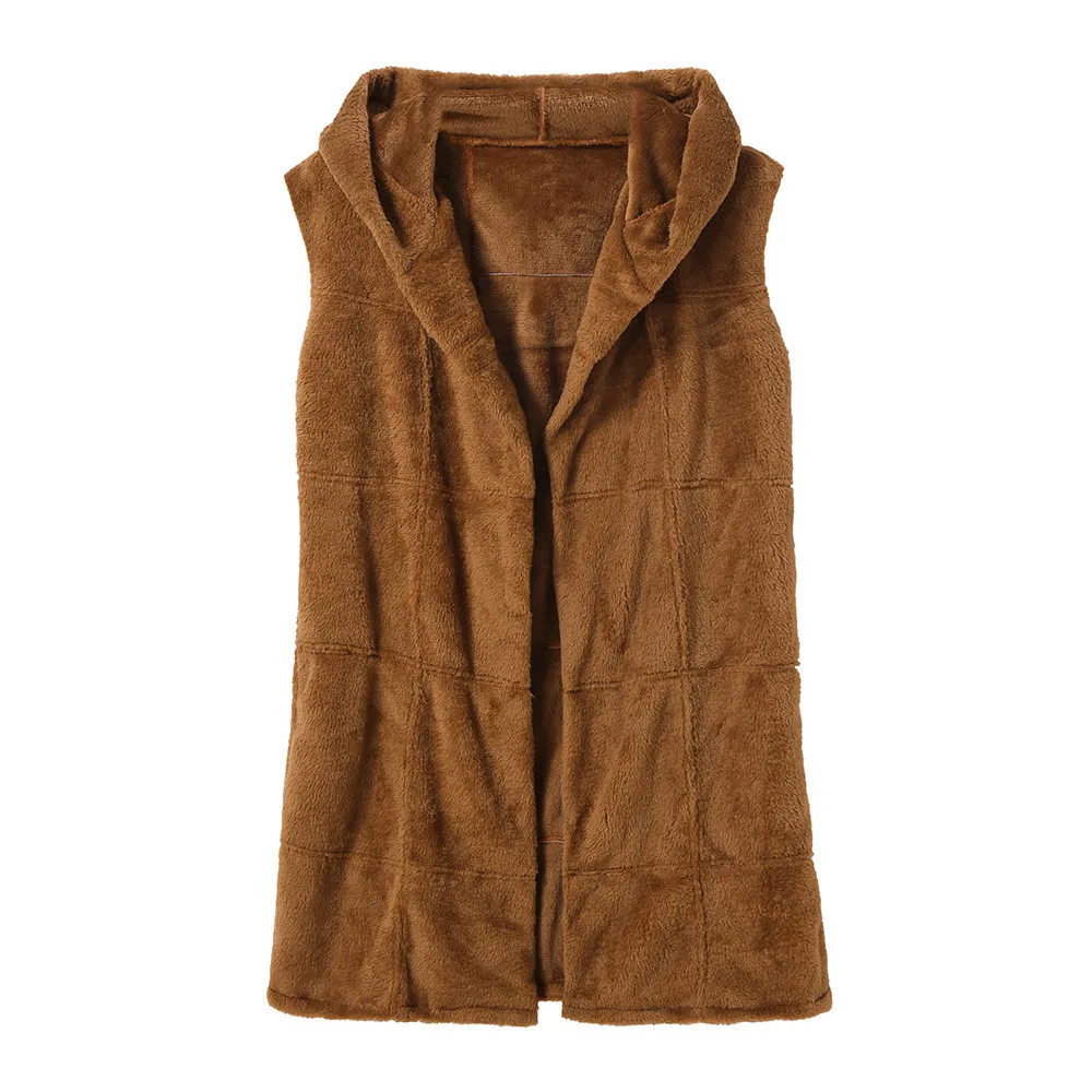 Стильный женский жилет без рукавов, пальто с капюшоном, одноцветные шерстяные куртки на осень и зиму, теплые длинные шерстяные пальто, женские пальто - Цвет: Brown