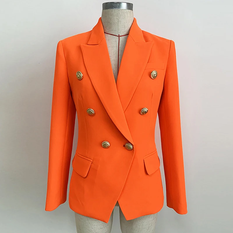 

Women's Suit 2020 Women's Suit Classic Double-breasted Lion Head Button Slim Suit Small Jacket Fluorescent Orange