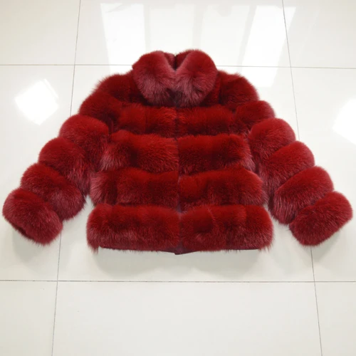 wine red Женское зимнее плотное пальто из натурального Лисьего меха, вечерние куртки из натурального Лисьего меха, женские высококачественные пальто с воротником-стойкой из натурального Лисьего меха - Цвет: wine red