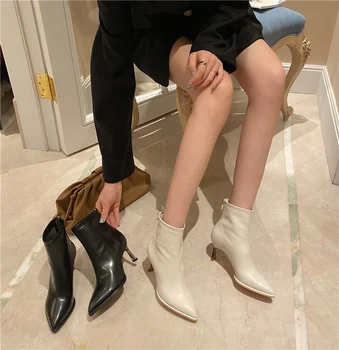 

Soft 2020 Women Leather Ankle Boots Pointed Toe White Black 6cm High Heels Sock Boots Motorcycle Boots Shoes Female Botas Mujer