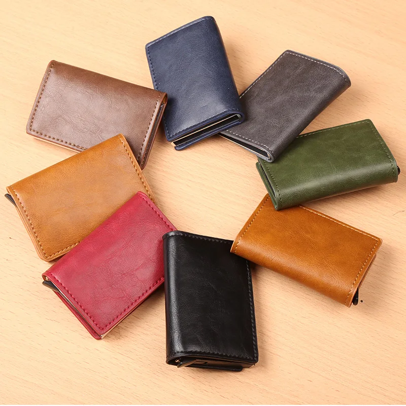 RFID Crazy Horse PU Leather Aluminium Box Credit Card Holder Men And Women Metal Fashion Card