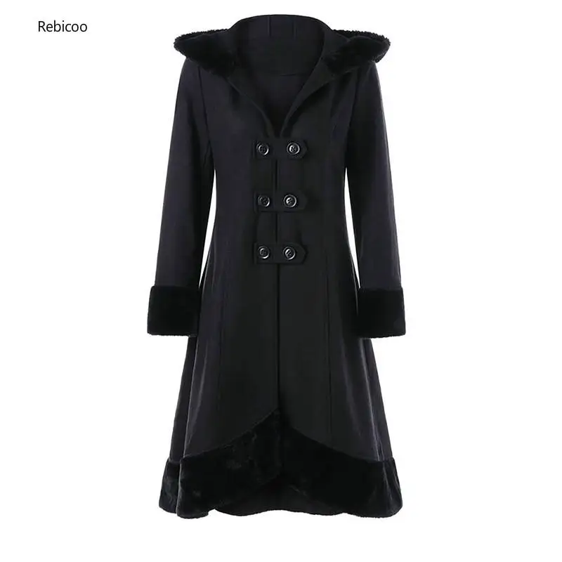 

2019 new Gothic Long Lace Up Bandage Ribbon Bow Wool Blends Coats Flocking Fur Christmas Black Vintage Hooded Overcoat