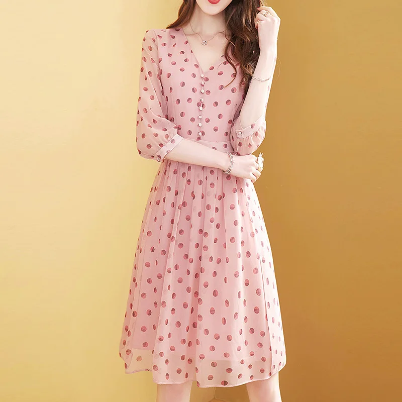 

V-neck Pink Chiffon Polka Dot Dress Summer New Style by Age Slimming A- line Skirt Sub-Elegant Elegant Dress