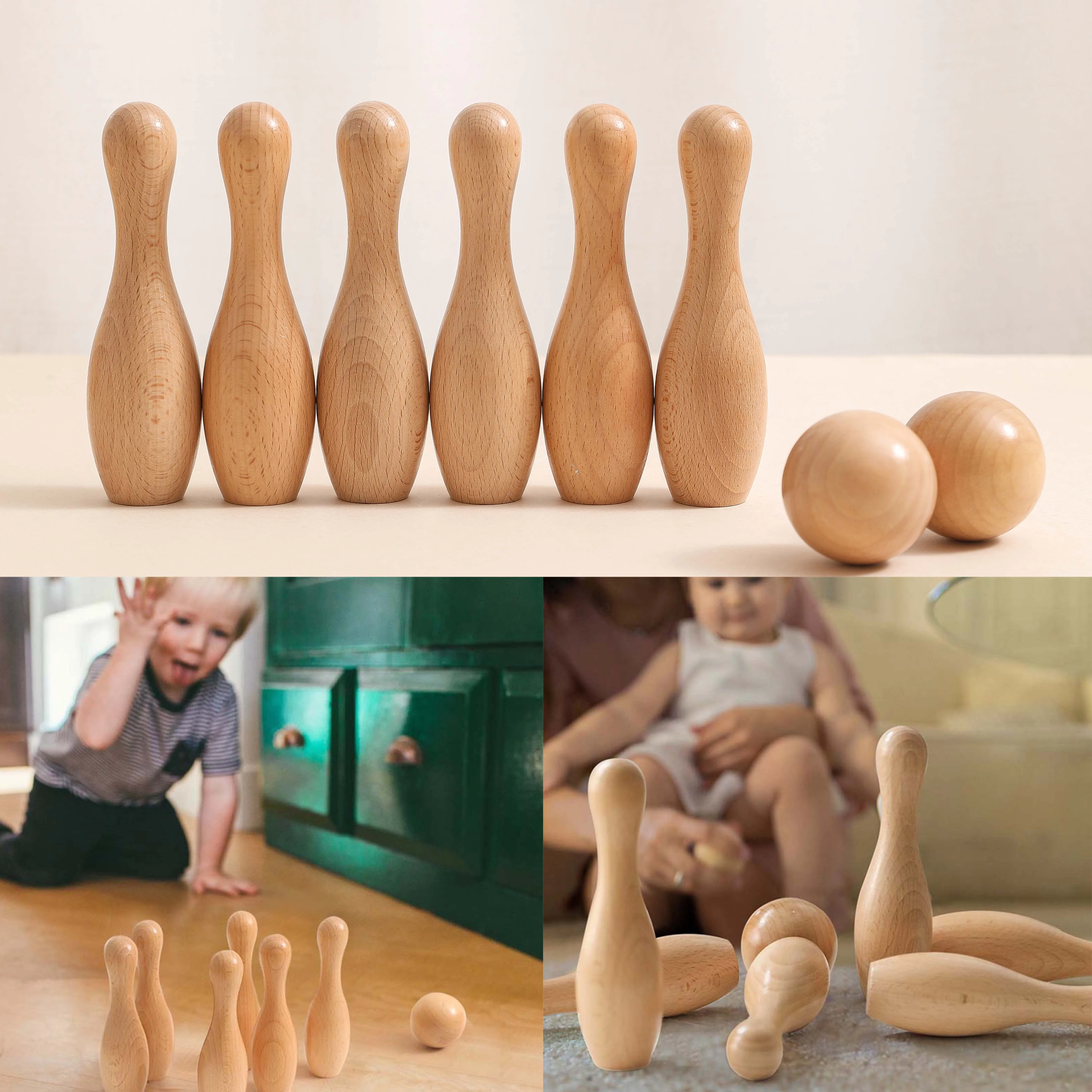8Pcs/Set Montessori Wooden 13.8cm Height Bowling Bottle Set 4.7cm Diameter Bowling Ball Bowling Set Family Interactive Toys Gift