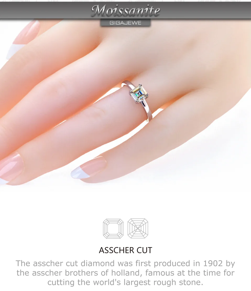 GIGAJEWE 0.8ct 5,5 мм EF Asscher 18 К покрытое белым золотом 925 Серебряное кольцо с муассанитом алмазное Проверенное ювелирное изделие подарок для женщин и девочек