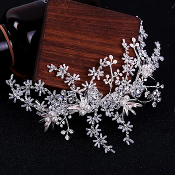 

SLBRIDAL Handmade Rhinestones Crystal Pearls Flower Leaf Bridal Hair Clip Barrettes Wedding Hair Accessories Women Jewelry