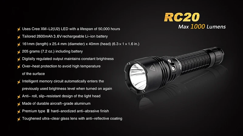 Fenix RC20 Cree XM-L2 светодиодный 1000 люмен USB Перезаряжаемый фонарь+ батарея
