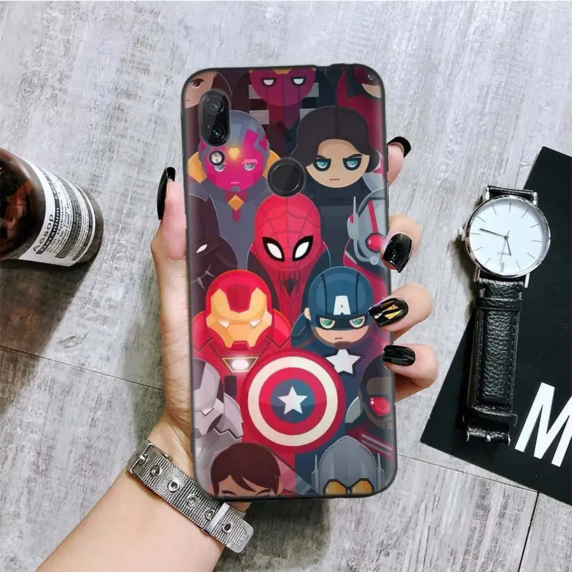 С принтами "Marvel", "Мстители", черная крышка чехол для телефона для Xiaomi Redmi Note фотоаппаратов моментальной печати 8 7 7S 7A 6 S2 GO K20 Pro 6A mi 6X 5X A1 CC 9 8 Coque