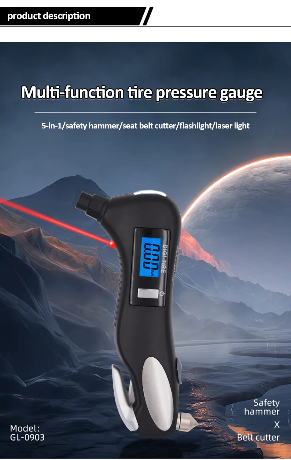 Car Pressure Gauge 5 In 1 Digital Tyre & Tread Gauge Belt Cutter Hammer & Torch