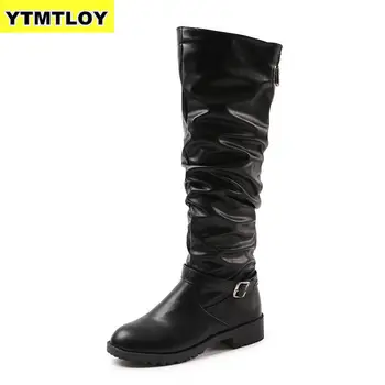 

Size 35-43 Sungtin Hot Sale Women Riding Boots Fashion Lace Up Knee-High Punk Ladies Chunky Low Heel Pu Leather Basic Boot Shoes