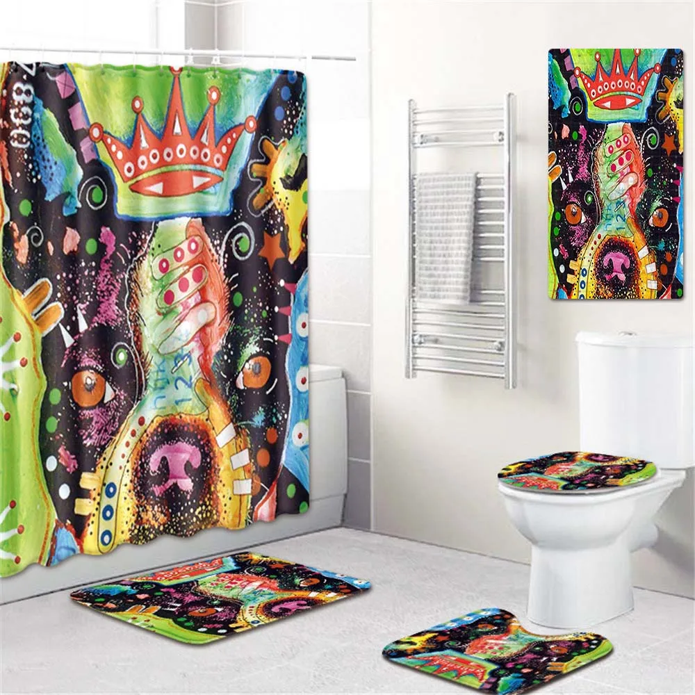 

5PCS/set Lovely Animal Dog Print Shower Curtain Bathroom Waterproof Polyester Fabric Washable Modern Rug Anti-slip Bath Mat Home