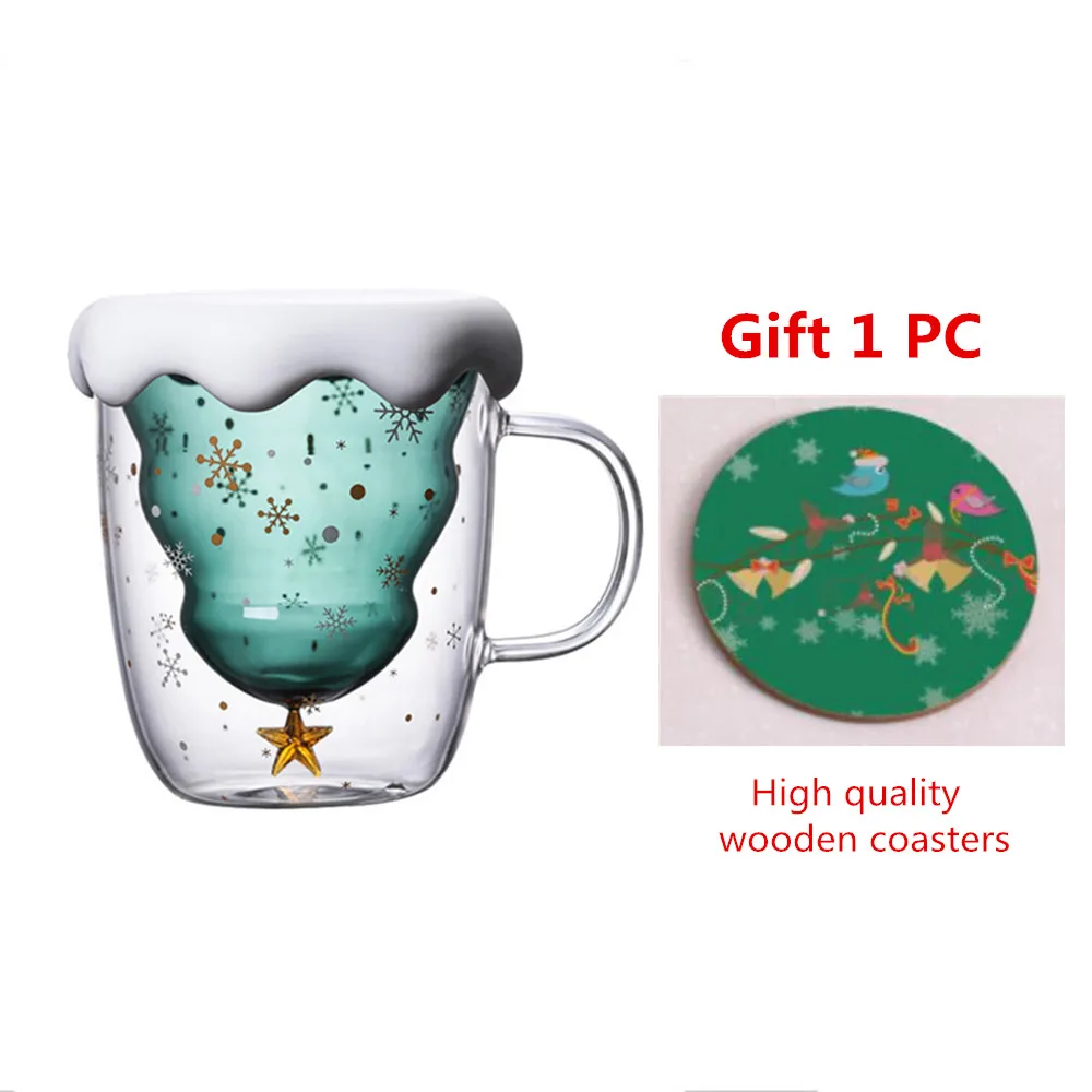 Высокая боросиликатная Рождественская елка двойная стеклянная чашка милый креативный Теплоизоляционный анти-горячий желая домашняя чашка для завтрака+ деревянные подставки