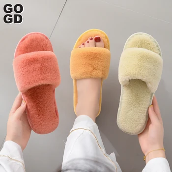 

[GOGD]new 2020Women Home Slippers Winter Warm Shoes Woman Slip on Flats Slides Female Faux Fur Slippers 36-41 wholesale Slippers