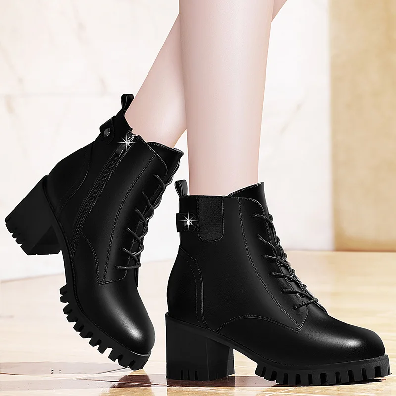 

WOMEN'S Shoes Waterproof Platform Hight-top Fashion Shoes round-Toe Square Heel Leather Boot Side Zipper plus Velvet High Heel B